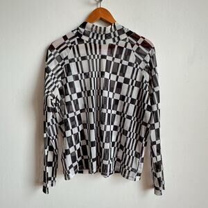 TUESDAY OF CALIFORNIA Black & White Checkered Mesh Mockneck